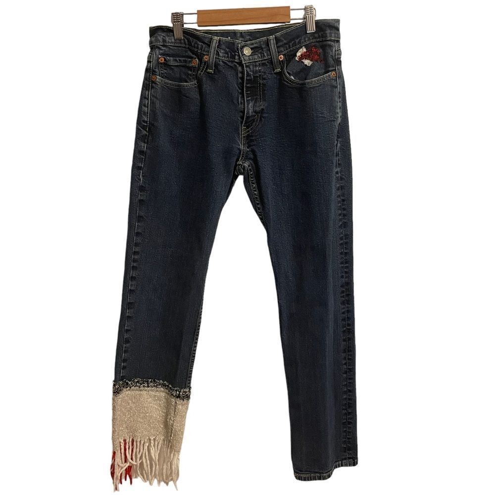 Levis 514 Custom Straight Leg Jeans Dark Wash Fringed Patchwork W30 L32